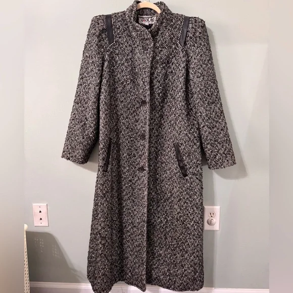 Vintage 80s The Jack Set Women’s Tweed Wool Coat Leather Trim Padded Shoulder - Picture 1 of 8
